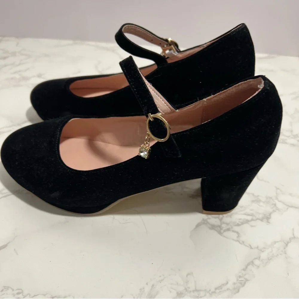 Elegant Black Suede, Rhinestone Embellished Mary Jane Heels -- EU 39 -- US 7.5/8
